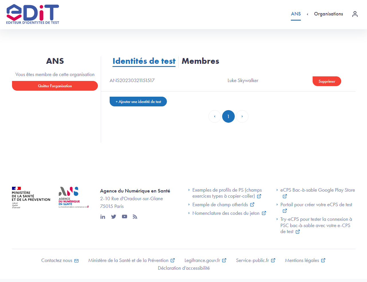 Liste identités de test
