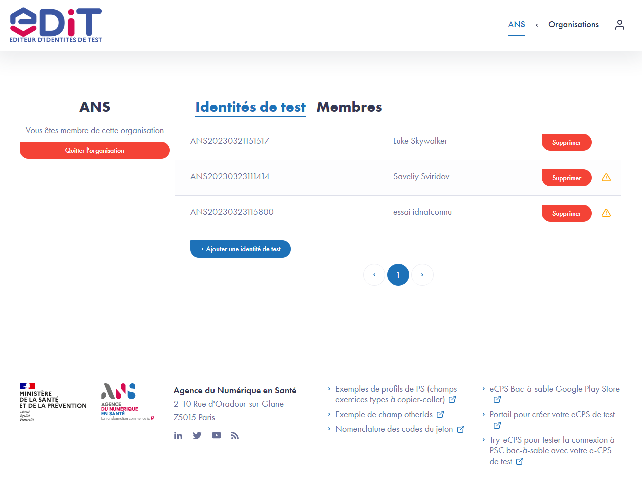 Liste identités de test