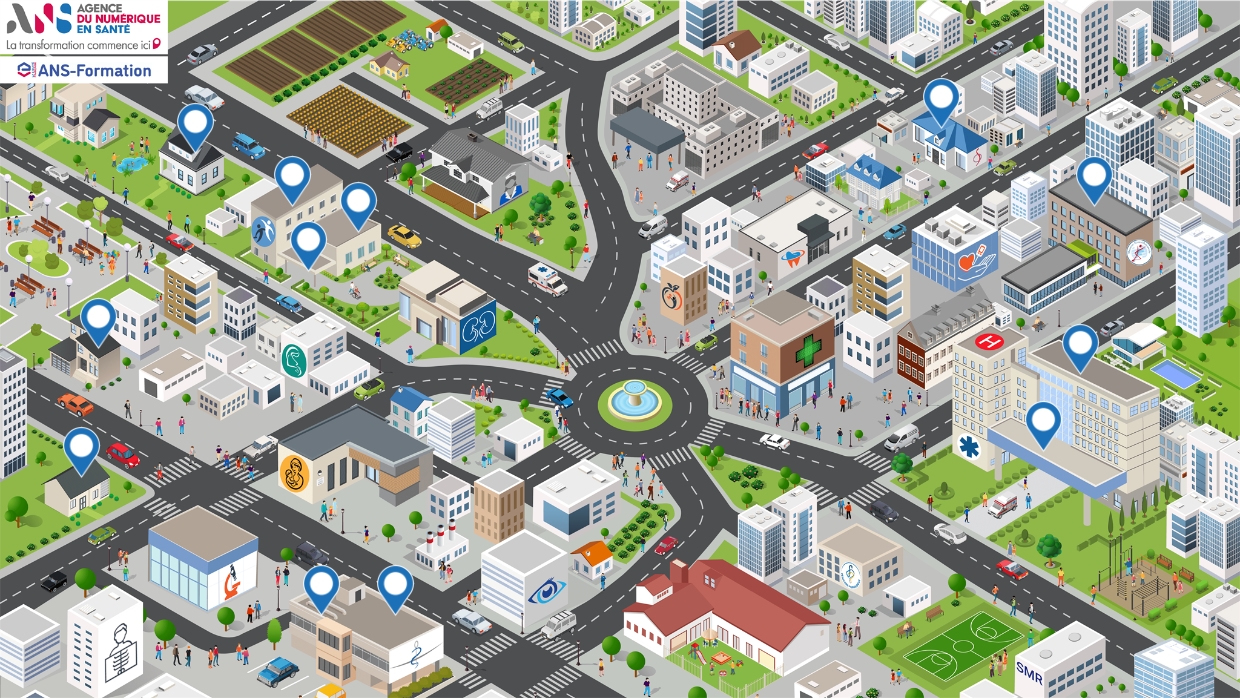 Illustration de la “ville de la e‑santé” : vue isométrique d’une ville avec hôpital, cabinets médicaux, pharmacie, services d’urgence et autres acteurs de santé connectés. Des pictogrammes et repères indiquent les différents usages du numérique en santé dans le parcours de soins.
